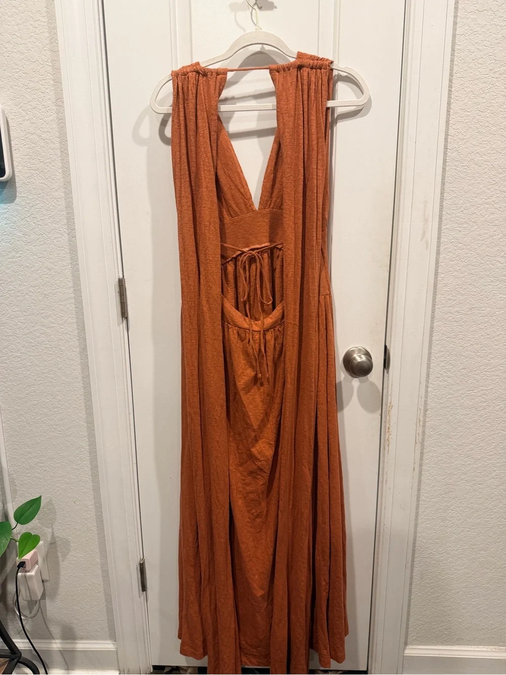 Free People Beach Rust Cutout Maxi Dress | Deep V Boho Open Back | Size Large